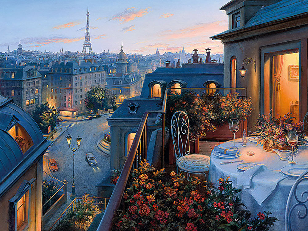Обои для рабочего стола Столик на двоих среди цветов на террасе с видом на Эйфелеву башню, Париж / la tour Eiffel, Paris, художник Евгений Лушпин