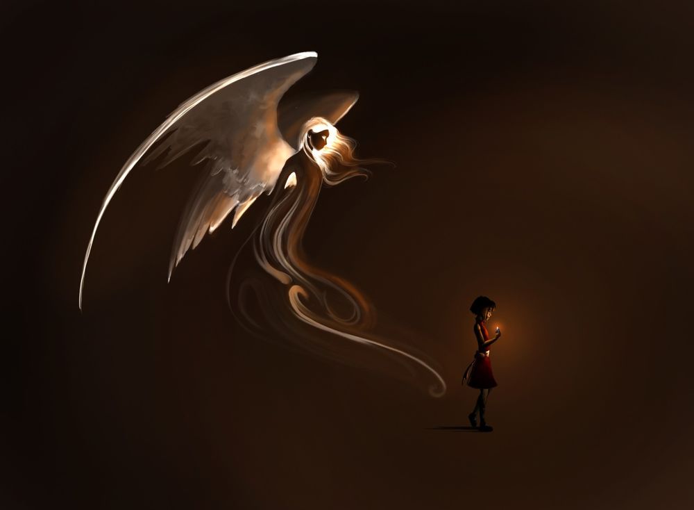 Обои для рабочего стола Девочка идет в темноте с зажженной спичкой в руках, а за ней летит ангел, арт by Emberling