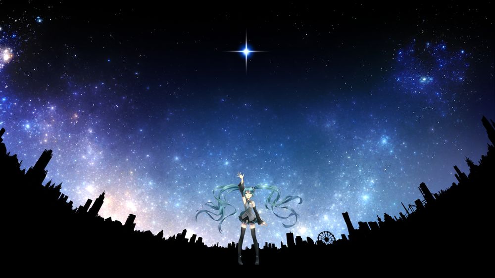 Обои для рабочего стола Vocaloid Hatsune Miku / Вокалоид Хатсунэ Мику на фоне звездного неба, art by Kururi (oekaki nikki)