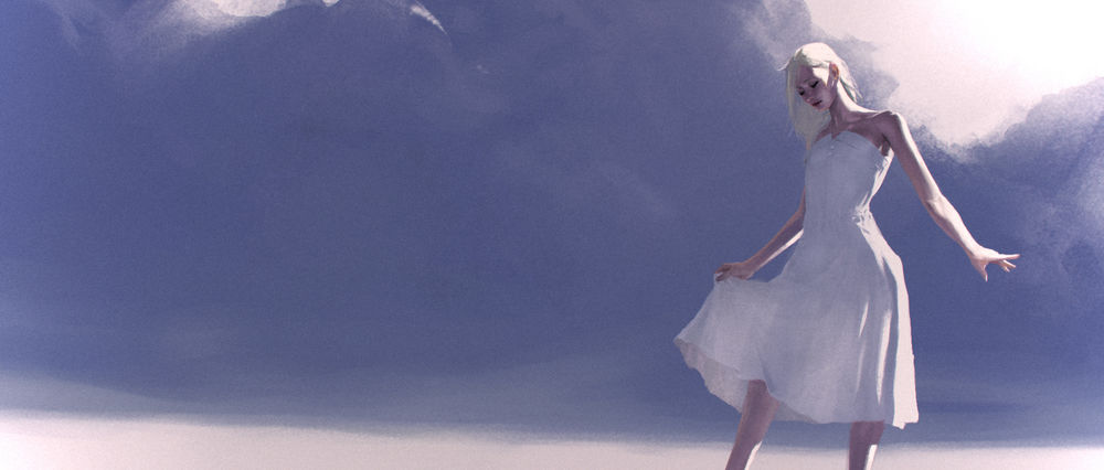 Обои для рабочего стола Девушка в белом платье на фоне неба, автор Totorrl