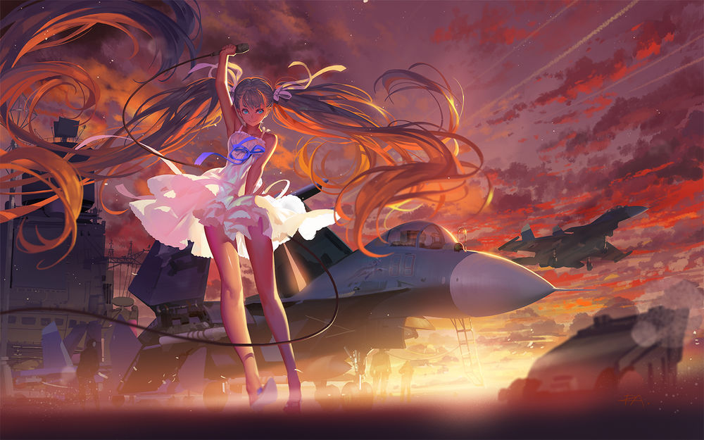 Обои для рабочего стола Вокалоид Хатсуне Мику / Hatsune Miku с микрофоном в руке, автор Alphonse