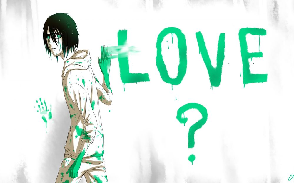 Обои для рабочего стола Ulquiorra Cifer / Улькиорра Шифер из аниме Bleach / Блич пишет зеленой краской на стене Love? / Любовь?