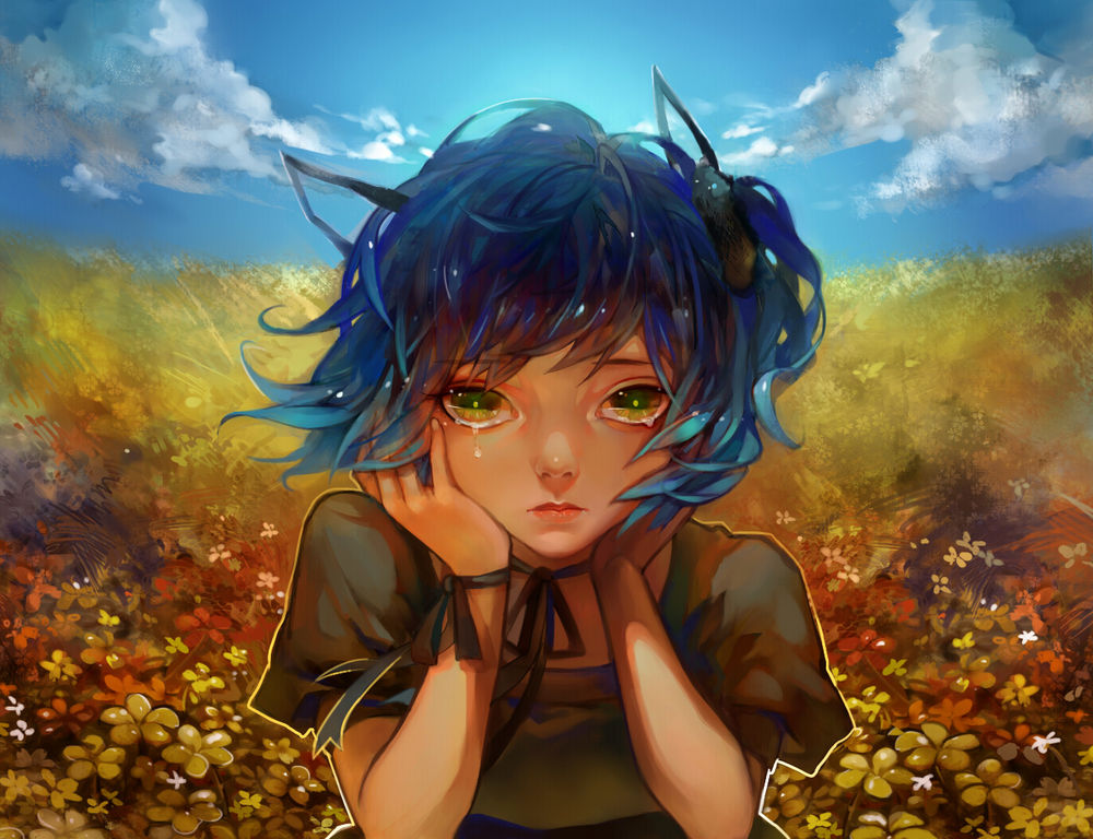 Обои для рабочего стола Вокалоид Рене Ями / Vocaloid Ryone Yami, персонаж игры UTAU, на фоне цветов и облачного неба, арт by terrie923
