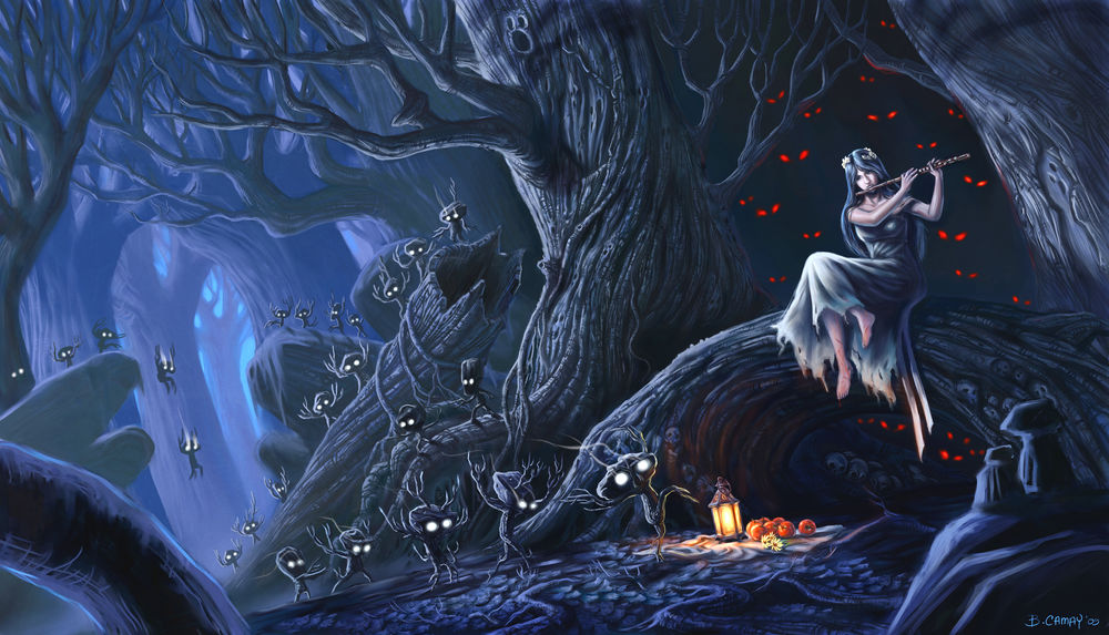 Обои для рабочего стола Девушка играет на флейте ночью в мрачном лесу, из темноты за ней наблюдают чьи то красные глаза, на звук флейты сходятся лесные духи, art by B. Camay