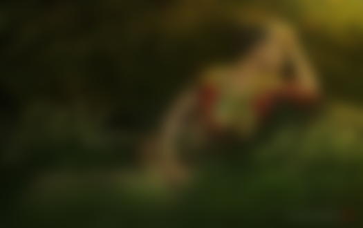 Обои для рабочего стола Обнаженная девушка азиатской внешности, лежащая на зеленой траве возле камня с нанесенным на ее тело рисунком боди-арта и лежащими гроздьями спелого винограда, автор DUONG QUOC DINH