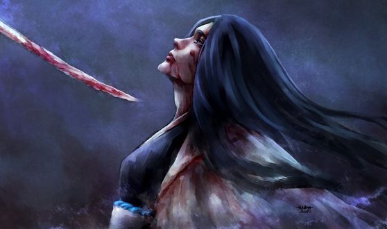 Обои на рабочий стол Окровавленной девушке угрожают мечом, art by NanFe