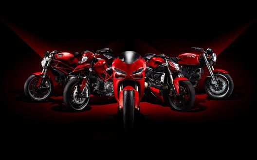 Обои на рабочий стол Группа спортивных красных мотоциклов DUCATI / Дукати