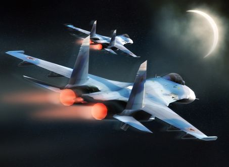 Обои на рабочий стол Два истребителя Су-27 летят в ночном небе, в сторону Луны