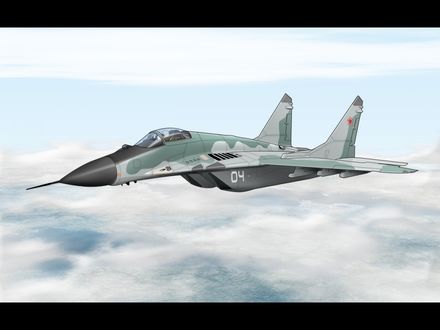 Обои на рабочий стол Рисунок самолета МиГ-29 в полете над облаками