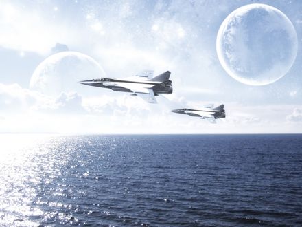 Обои на рабочий стол Два истребителя ПВО МиГ-31 в полете над морем. Вдалеке на фоне неба виднеются две планеты