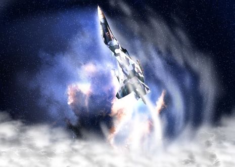 Обои на рабочий стол Военный самолет выполняет в небе боевой прием бочка, вырываясь из облаков