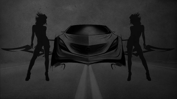 Обои на рабочий стол Две девушки стоят по обе стороны автомобиля, приготовившегося к старту гонки