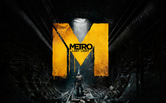 Обои на рабочий стол Логотип компьютерной игры Metro: Last Light / Метро 2033: Луч надежды, где изображены подземка и главный герой игры Артем