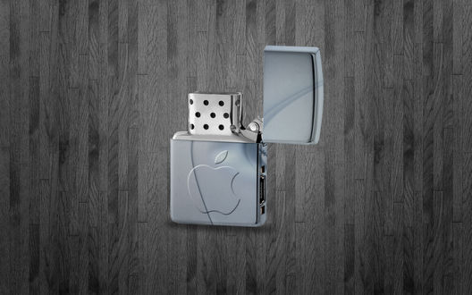 Обои на рабочий стол Плеер МР 3, в виде зажигалки ZIPPO с логотипом APPLE, стоит на сером ламинате, с текстурой дерева