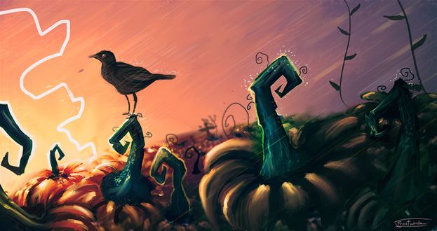 Обои на рабочий стол Ворон сидит на тыкве, by Frostwindz