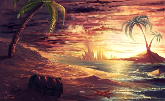 Обои на рабочий стол Сундук на берегу моря, освещенного солнцем, by Frostwindz