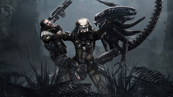 Обои на рабочий стол Сцена из компьютерной игры Чужие против Хищников. Изображена схватка вооруженного человека, инопланетян Чужого и Хищника