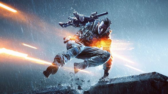 Обои на рабочий стол Персонаж компьютерной игры Battlefield 4, боец прыгает за бетонное укрытие, держа в руке автомат и уклоняясь от огня