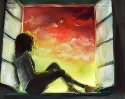 Обои на рабочий стол Девушка сидит на подоконнике окна и любуется небом, by waywardgal
