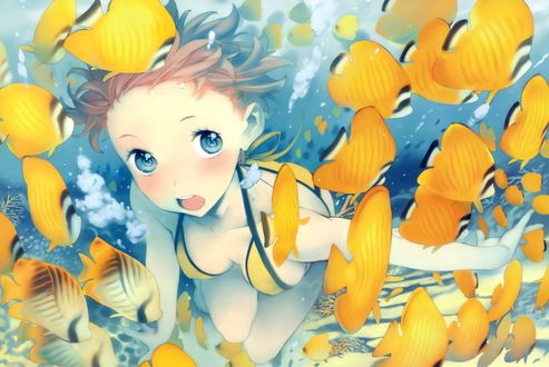 Обои на рабочий стол Девушка под водой покруженная желтыми рыбами, автор Nishieda