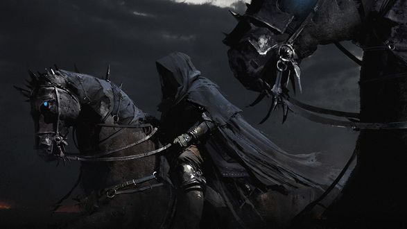 Обои на рабочий стол Всадники Ночи из фильма Властелин Колец / The Lord of the Rings в черной одежде, с капюшонами на голове, сидят верхом на лошадях