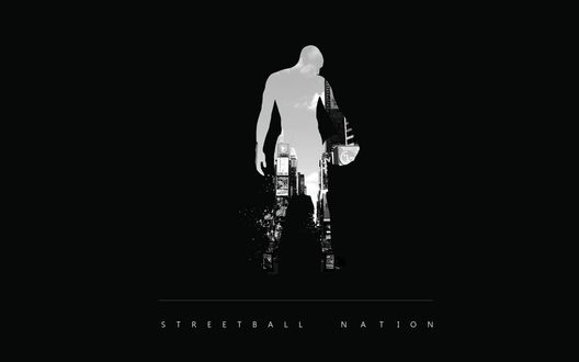 Обои на рабочий стол Силуэт мужчины с мячом, на котором видна улица города (Nation streetball / Нация стритболла)