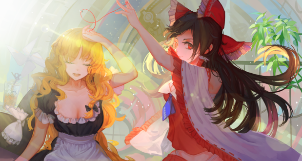 Обои на рабочий стол Рейму Хакурей / Reimu Hakurei и Мариса Кирисамэ / Marisa Kirisame из игры Проект «Восток» / Touhou Project, автор Hoshimawa