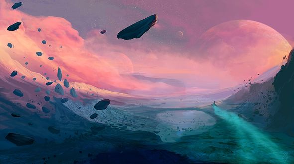 Обои на рабочий стол Разлетающиеся горные породы на фоне розового неба, работа Frontier Skies / граница неба, by JoeyJazz