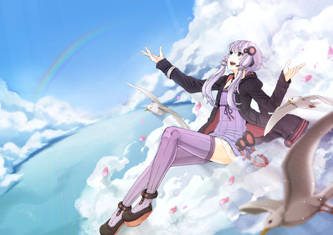 Обои на рабочий стол Vocaloid Yuzuki Yukari / Вокалоид Юзуки Юкари сидит на облаках, рядом пролетают птицы, art by Yuu (kyuutai kansetsu)