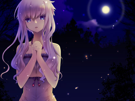 Обои на рабочий стол Vocaloid Yuzuki Yukari / Вокалоид Юзуки Юкари на фоне ночного неба, art by oumi sanaka