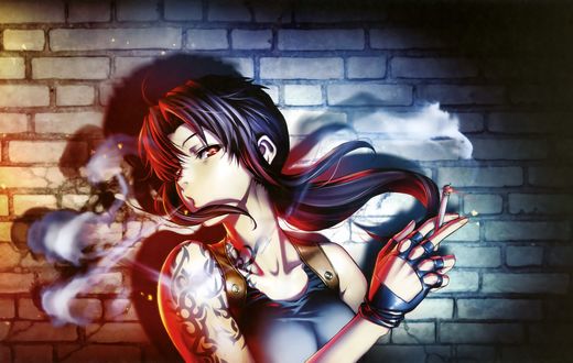 Обои на рабочий стол Revy / Реви (Ребекка) выдыхает сигаретный дым, персонаж из аниме Black Lagoon / Пираты «Черной лагуны», art by Hiroe Rei