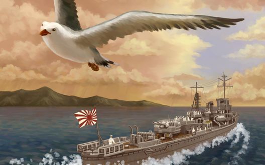 Обои на рабочий стол Чайка пролетает над морем, где плывет корабль, на фоне гор
