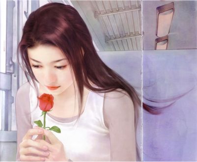 Обои на рабочий стол Девушка с красной розой в руках, автор Chen Shu Fen