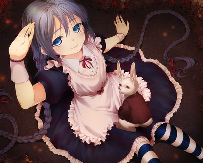 Обои на рабочий стол Vocaloid Hatsune Miku / Вокалоид Хатсунэ Мику в образе Alice in Wonderland / Алисы в стране чудес, сидит на поляне, на ее коленях сидит белый кролик, art by eventh7
