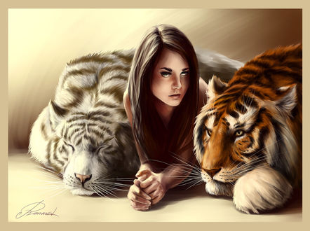 Обои на рабочий стол Девушка с тиграми, by alfa renard