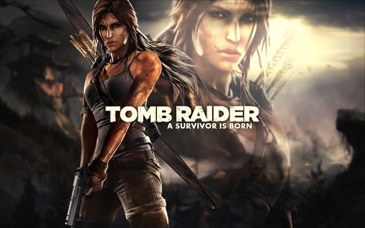 Обои на рабочий стол Лара Крофт / Lara Croft с пистолетом в руках и луком за спиной из игры Tomb Raider / Расхитительница гробниц