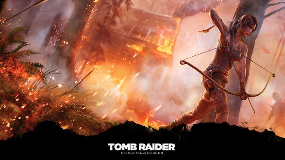 Обои на рабочий стол Лара Крофт / Lara Croft с луком в руках в огненном лесу из игры Tomb Raider / Расхитительница гробниц