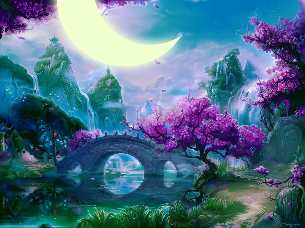 Обои для рабочего стола Красивый сказочный пейзаж: каменный мост, переходящий через реку, окруженный деревьями с фиолетовыми цветами, на фоне гор с водопадами, а в небе мерцает полумесяц