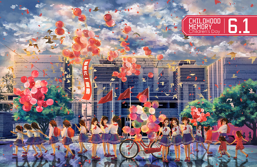 Обои для рабочего стола Девочки-школьницы стоят напротив здания, от которого в небо улетают воздушные шарики (CHILDHDDD MEMORY CHILDRENS DAY 6. 1)