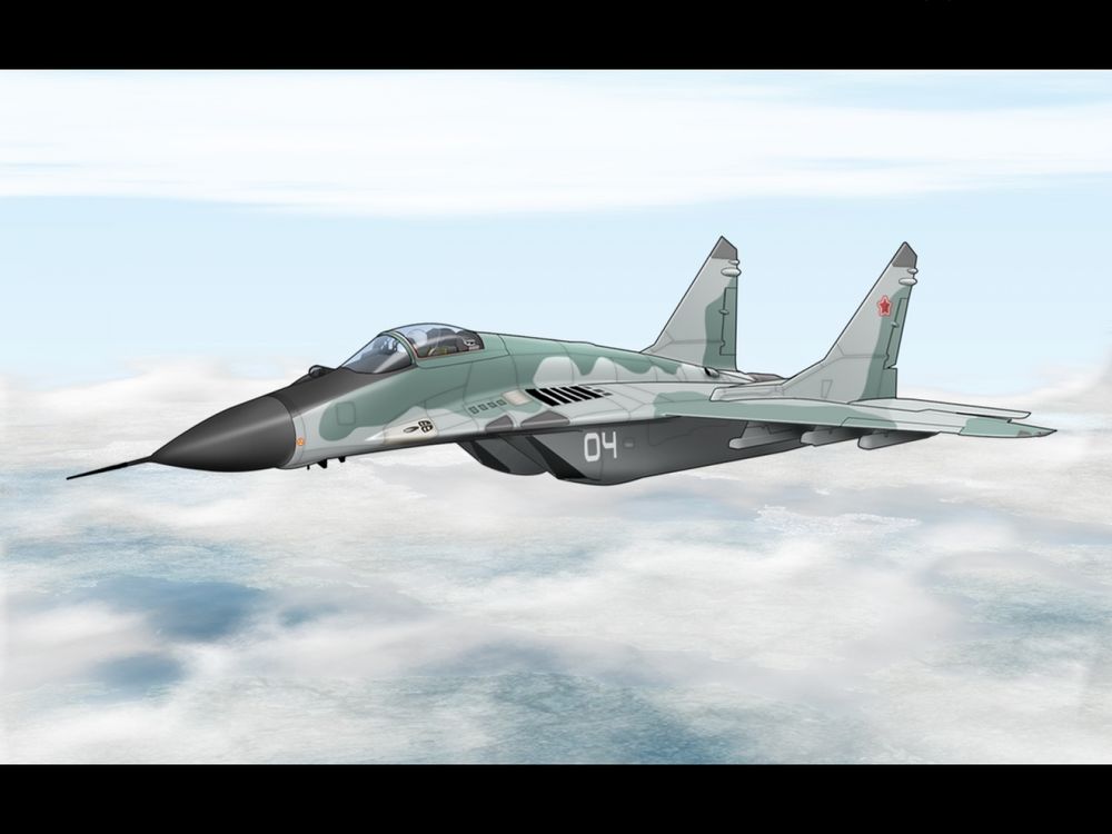 Обои для рабочего стола Рисунок самолета МиГ-29 в полете над облаками