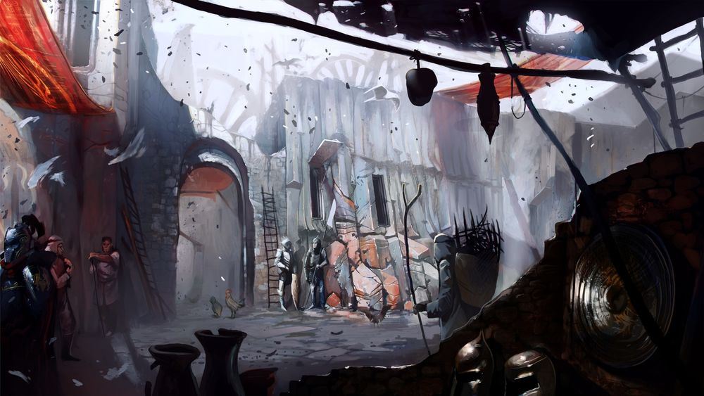 Обои для рабочего стола Концепт-арт к игре Dragon Age 2, Рыночная улица, люди, стража