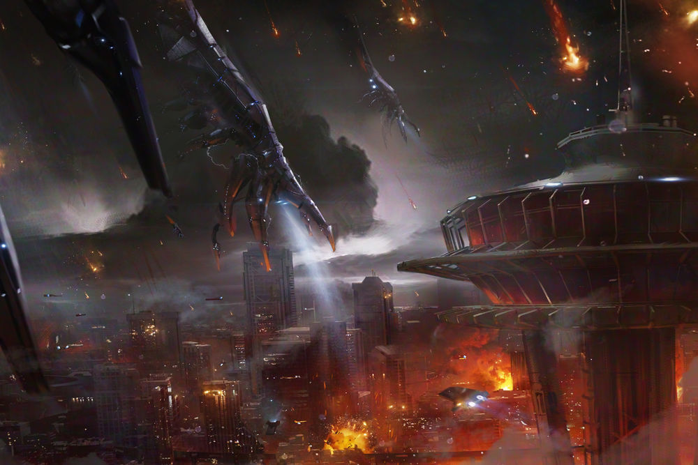 Обои для рабочего стола Арт к игре Mass Effect, Жнецы разрушают Землю