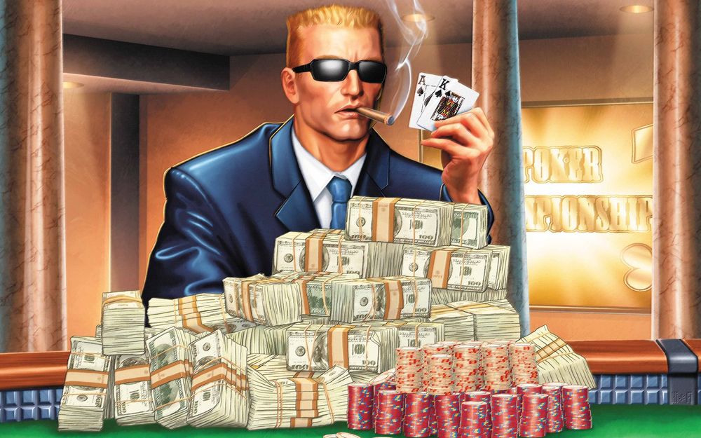 Обои для рабочего стола Мужчина игрок в карты с сигарой во рту и темных солнцезащитных очках, сидит за игровым столом казино, заваленным грудой пачек долларов США / USA и фишек, подняв вверх руку с картами