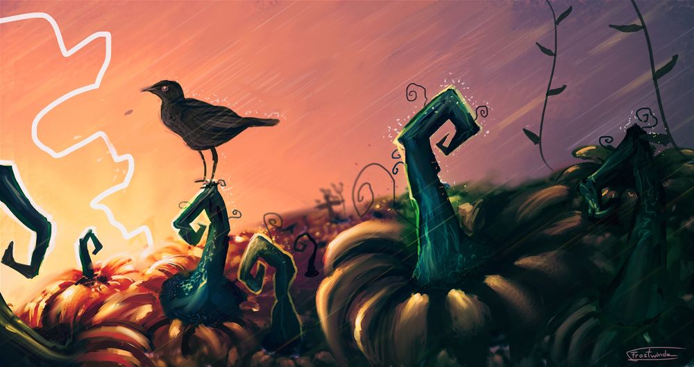 Обои для рабочего стола Ворон сидит на тыкве, by Frostwindz