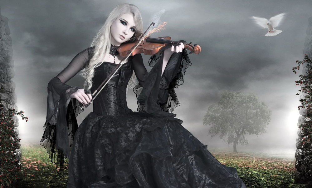 Обои для рабочего стола Светловолосая девушка в черном, пышном платье играет на скрипке с появившимся огнем между струнами и смычком, перед ней в воздухе парит белый голубь