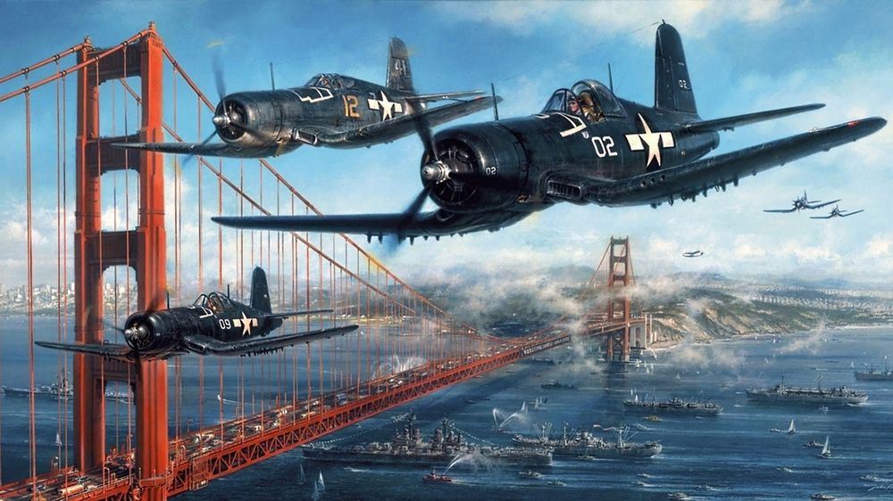 Обои для рабочего стола Американские палубные истребители времен Второй мировой войны, летят в небе над Гудзоном / The Hudson, по которому проходят военные корабли и над ним нависает громадный Бруклинский мост / Brooklyn bridge, США / USA