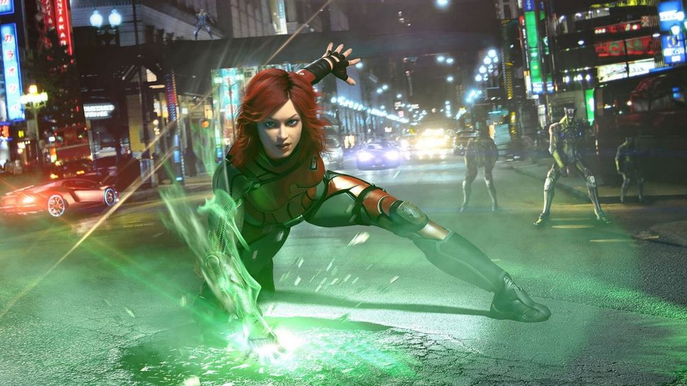 Обои для рабочего стола Фрагмент компьютерной игры Руби: Проект Phoenix. Девушка в защитных доспехах прикоснулась рукой к земле, вызвав определенный эффект