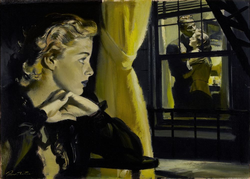 Обои для рабочего стола Девушка смотрит в окно на влюбленную пару, художник Pruett Alexander Carter