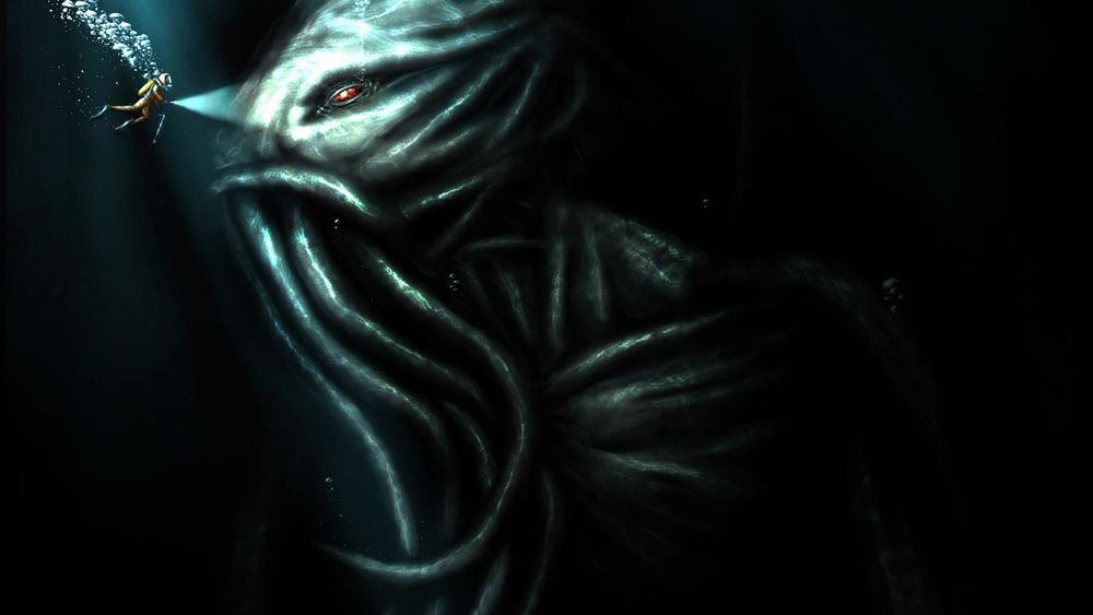 Обои для рабочего стола Аквалангист и морской монстр Ктулху / Cthulhu