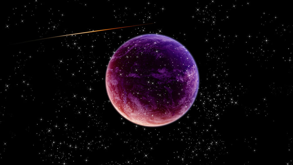 Обои для рабочего стола Фиолетовая планета среди звезд и летящих метеоритов